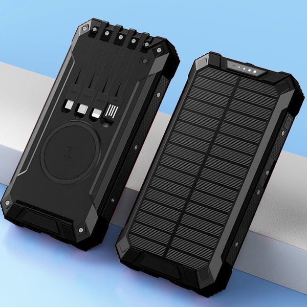 Solar Power Bank Pro 20,000mAh with 4 Built in Cables Qi Wireless Char Solar Power Bank Pro 20,000mAh with 4 Built in Cables Qi Wireless Char