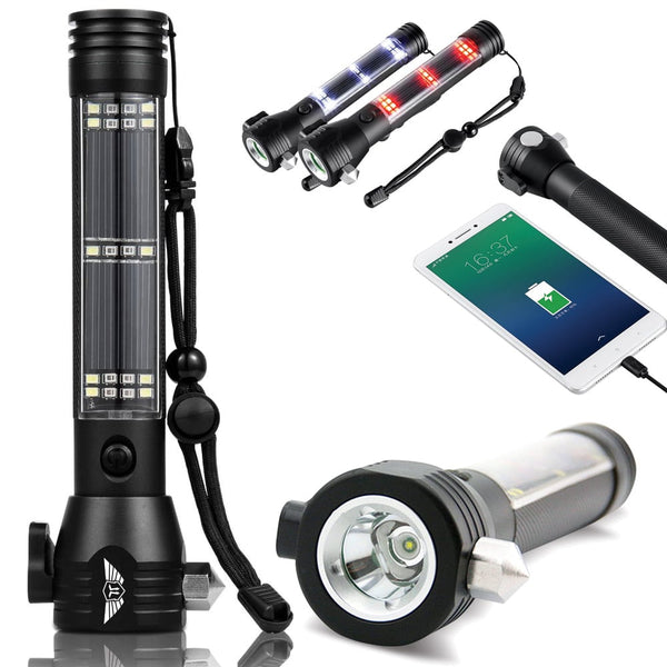 9-in-1 multi-function led solar rechargeable flashlight Roadside HERO ™ 9-IN-1 Multi-Function Flashlight / Survival Tool / Power Bank / Solar & USB