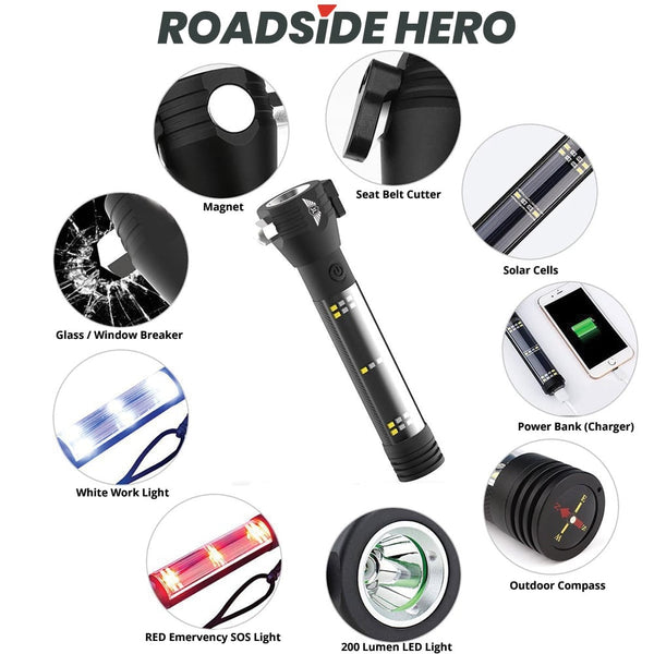 Roadside HERO  9-IN-1 Multi-Function Flashlight / Survival Tool / Power  Bank / Solar & USB