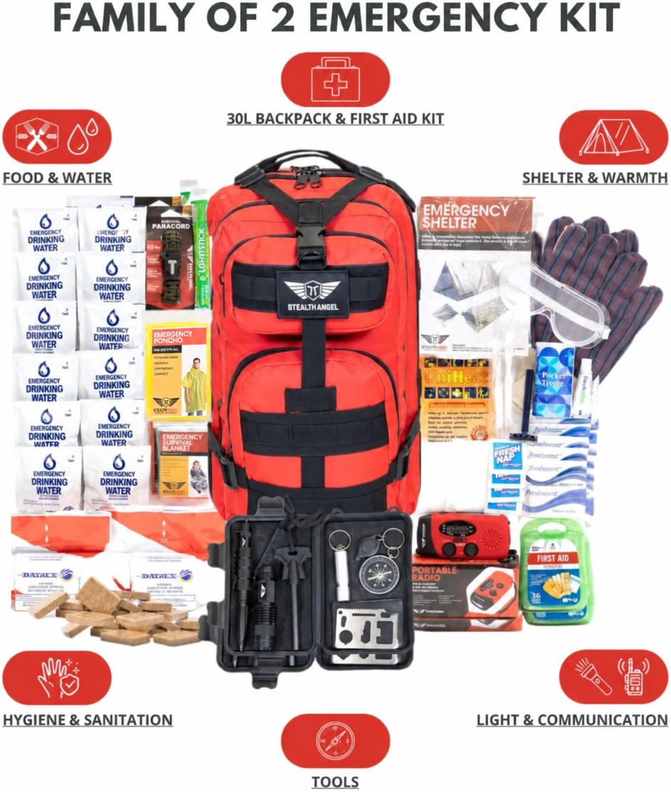 2 Person Emergency Preparedness Kit /  Red Survival Backpack  (72 Hours) Stealth Angel Survival
