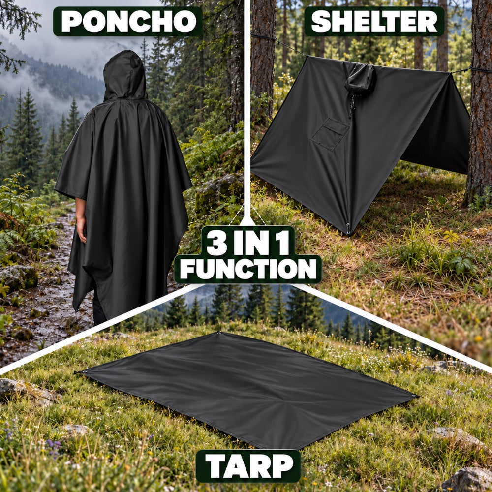 3 in 1 Hooded Poncho / Shelter / Tarp Military Style Multi-Purpose Stealth Angel Survival SA-RC1