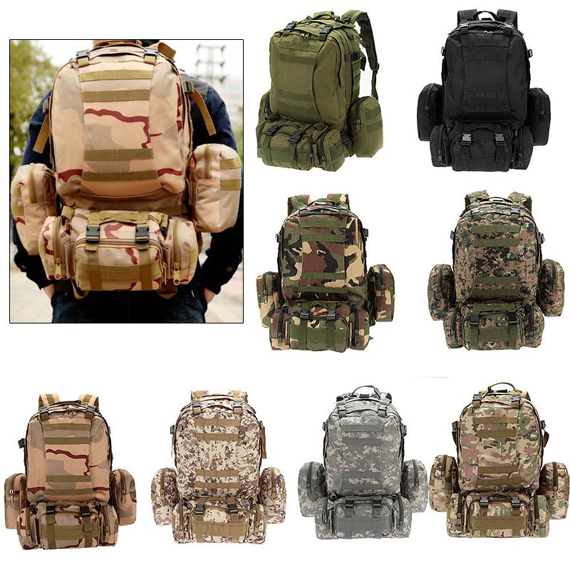 50L Backpack Daypack w/ 3 MOLLE Bags Large Military Style Outdoor Stea ...